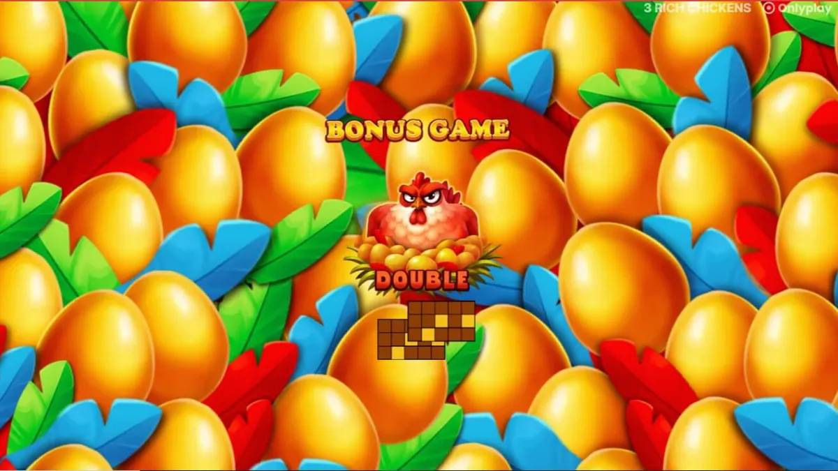 Interface colorida e animada do slot 3 Rich Chickens com tema de fazenda