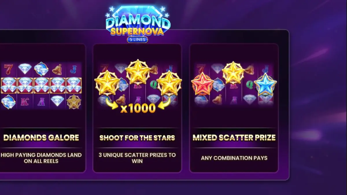 Captura de tela do jogo Diamond Supernova 5 Lines, mostrando a grade 5x3 com símbolos de diamantes e estrelas cintilantes em um cenário cósmico.